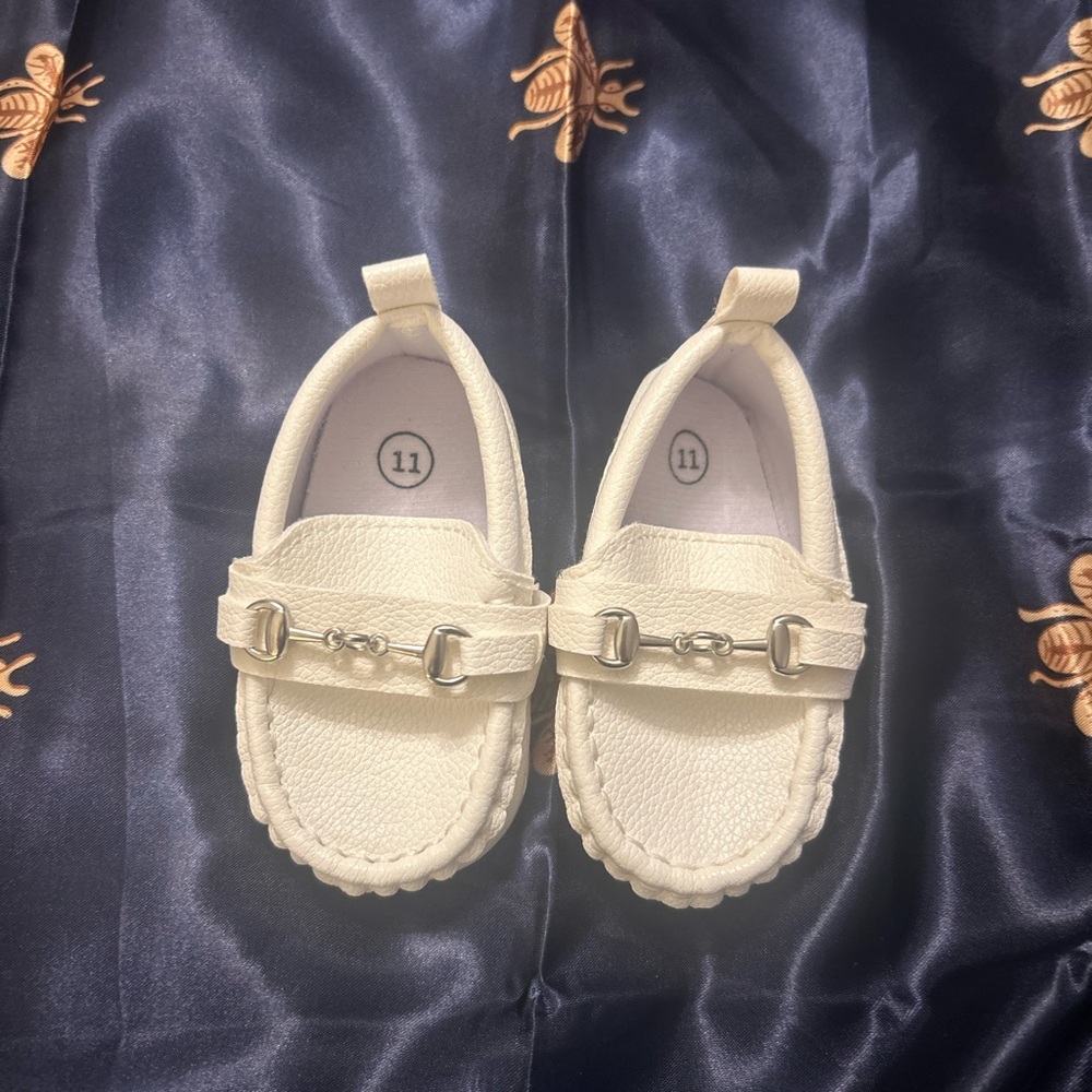 Toddler White Moccasin Loafers with Silver Bit